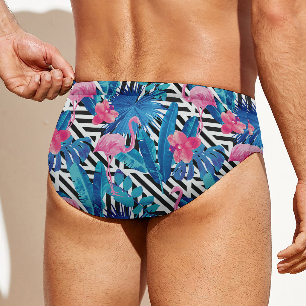 Blue Tropical And Pink Flamingo Print Men's Swim Briefs