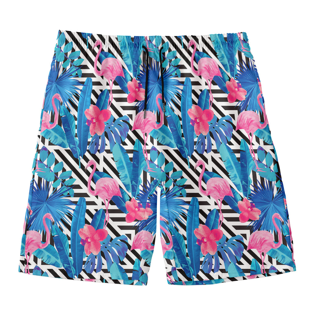 Blue Tropical And Pink Flamingo Print Men's Swim Trunks