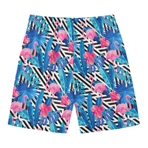 Blue Tropical And Pink Flamingo Print Men's Swim Trunks