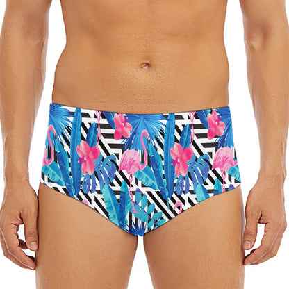 Blue Tropical And Pink Flamingo Print Men's Triangle Swim Briefs