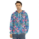 Blue Tropical And Pink Flamingo Print Men's Velvet Pullover Hoodie