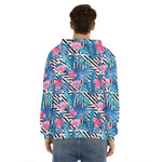 Blue Tropical And Pink Flamingo Print Men's Velvet Pullover Hoodie