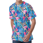 Blue Tropical And Pink Flamingo Print Men's Velvet T-Shirt