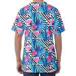 Blue Tropical And Pink Flamingo Print Men's Velvet T-Shirt