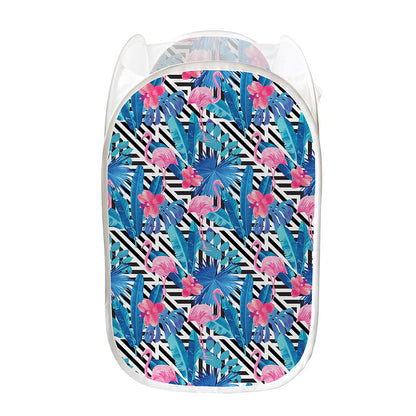 Blue Tropical And Pink Flamingo Print Mesh Laundry Hamper