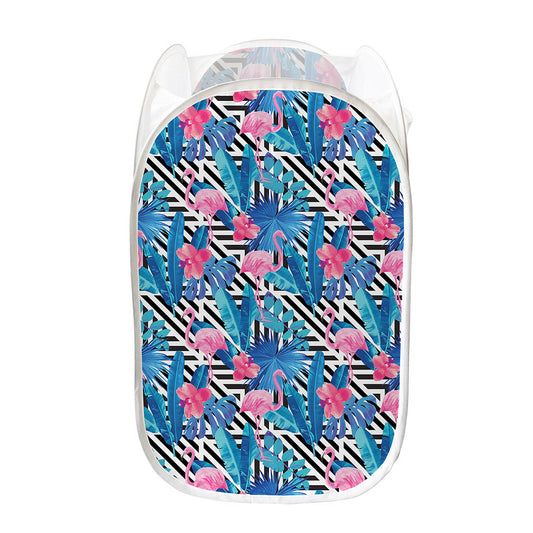 Blue Tropical And Pink Flamingo Print Mesh Laundry Hamper
