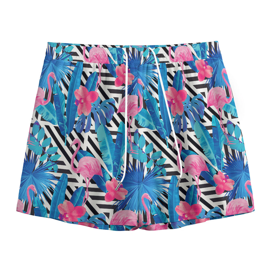 Blue Tropical And Pink Flamingo Print Mesh Shorts