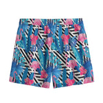 Blue Tropical And Pink Flamingo Print Mesh Shorts