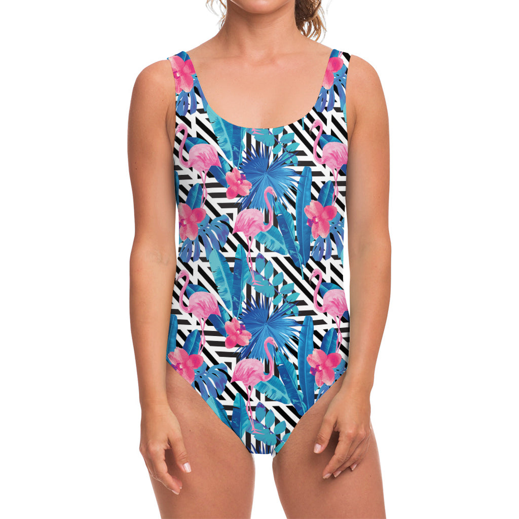 Blue Tropical And Pink Flamingo Print One Piece Swimsuit