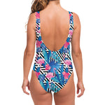 Blue Tropical And Pink Flamingo Print One Piece Swimsuit