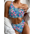 Blue Tropical And Pink Flamingo Print One Shoulder Bikini Set