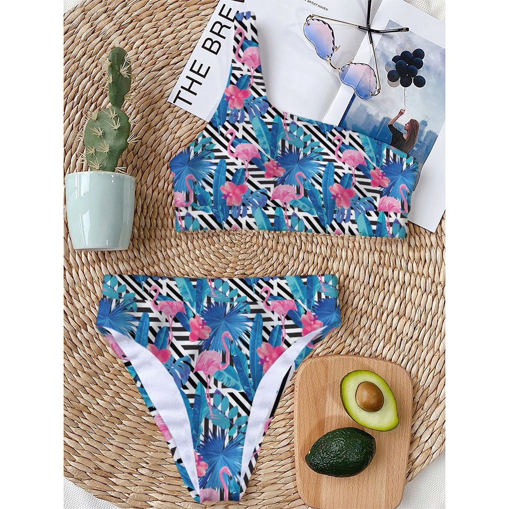 Blue Tropical And Pink Flamingo Print One Shoulder Bikini Top