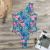 Blue Tropical And Pink Flamingo Print One Shoulder Bodysuit