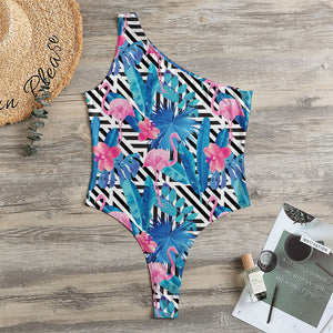 Blue Tropical And Pink Flamingo Print One Shoulder Bodysuit