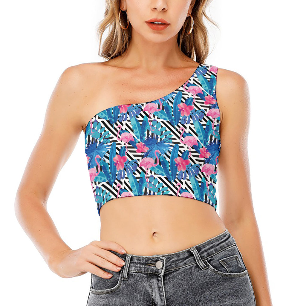 Blue Tropical And Pink Flamingo Print One Shoulder Crop Top