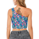 Blue Tropical And Pink Flamingo Print One Shoulder Crop Top