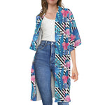 Blue Tropical And Pink Flamingo Print Open Front Beach Cover Up