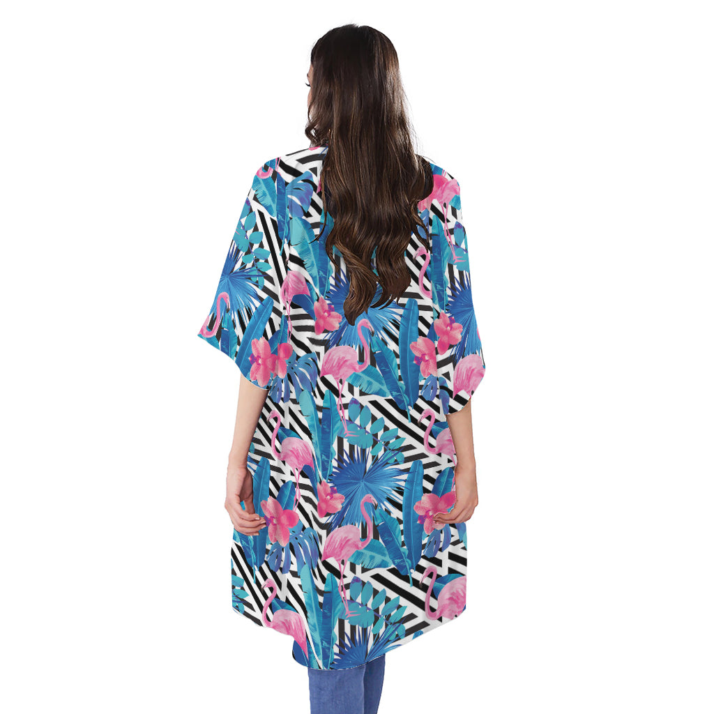 Blue Tropical And Pink Flamingo Print Open Front Beach Cover Up