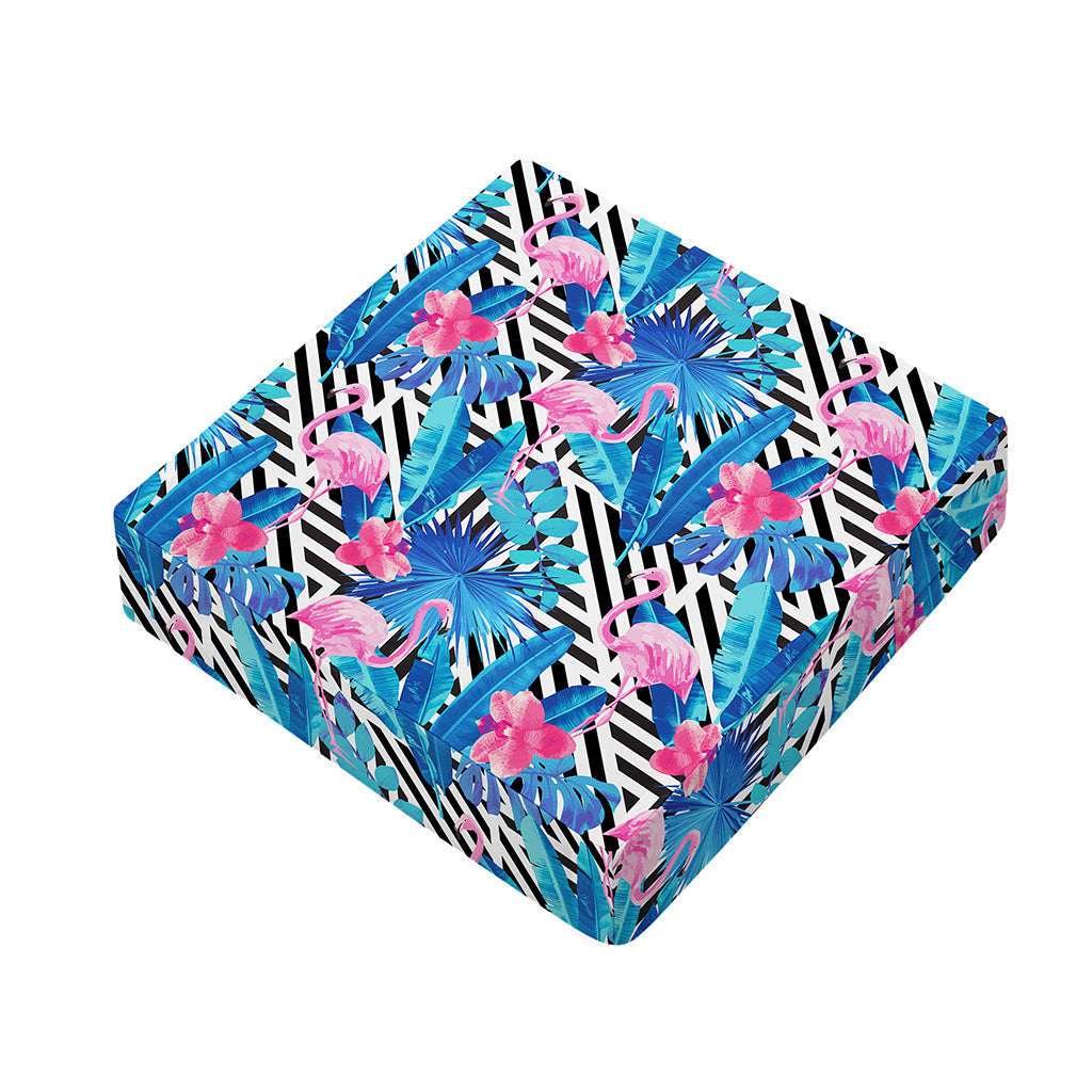 Blue Tropical And Pink Flamingo Print Outdoor Seat Cushion Cover