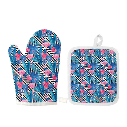 Blue Tropical And Pink Flamingo Print Oven Mitt And Pot Holder Set