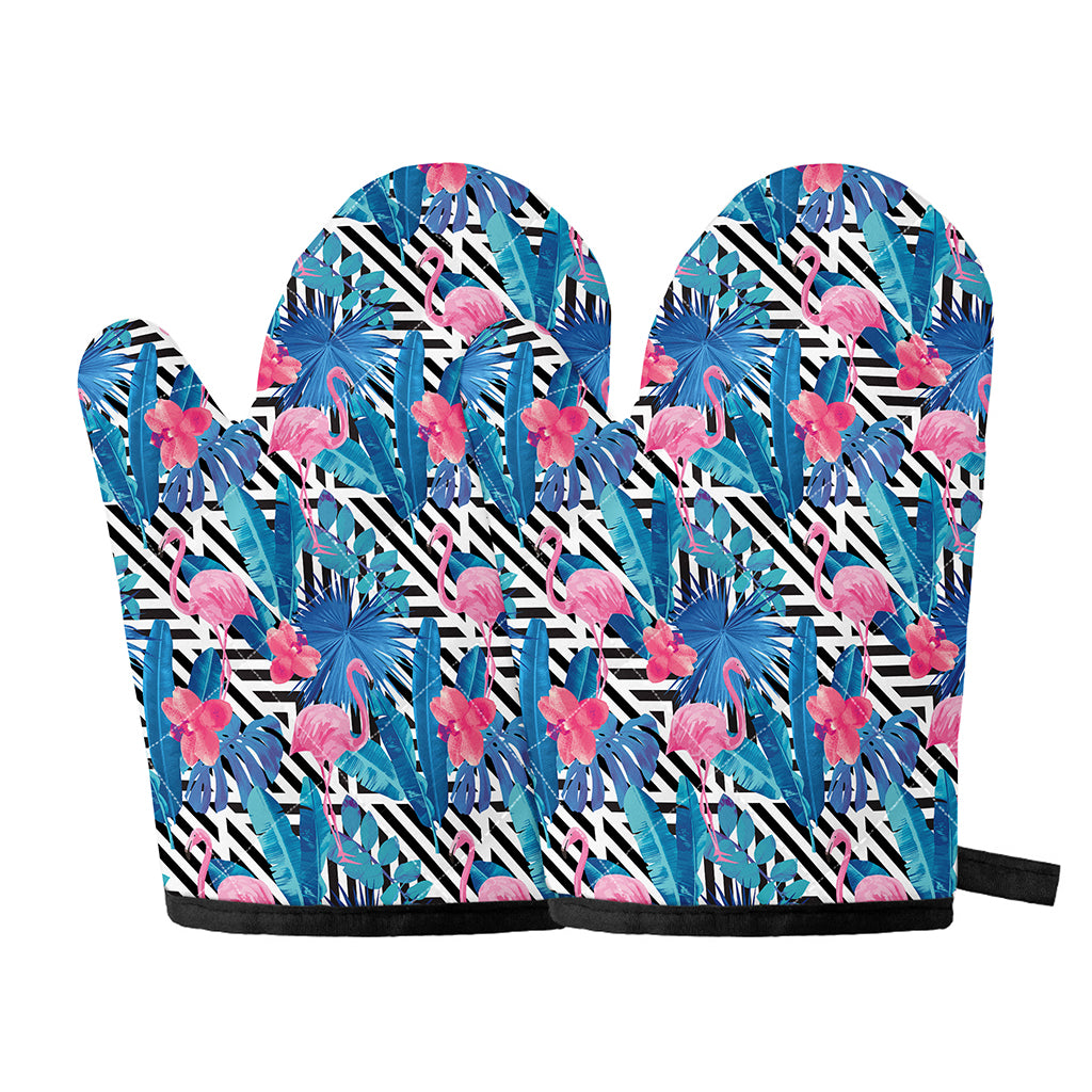 Blue Tropical And Pink Flamingo Print Oven Mitts