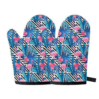 Blue Tropical And Pink Flamingo Print Oven Mitts
