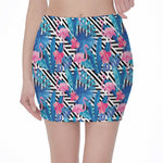 Blue Tropical And Pink Flamingo Print Pencil Mini Skirt