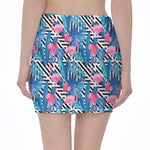 Blue Tropical And Pink Flamingo Print Pencil Mini Skirt