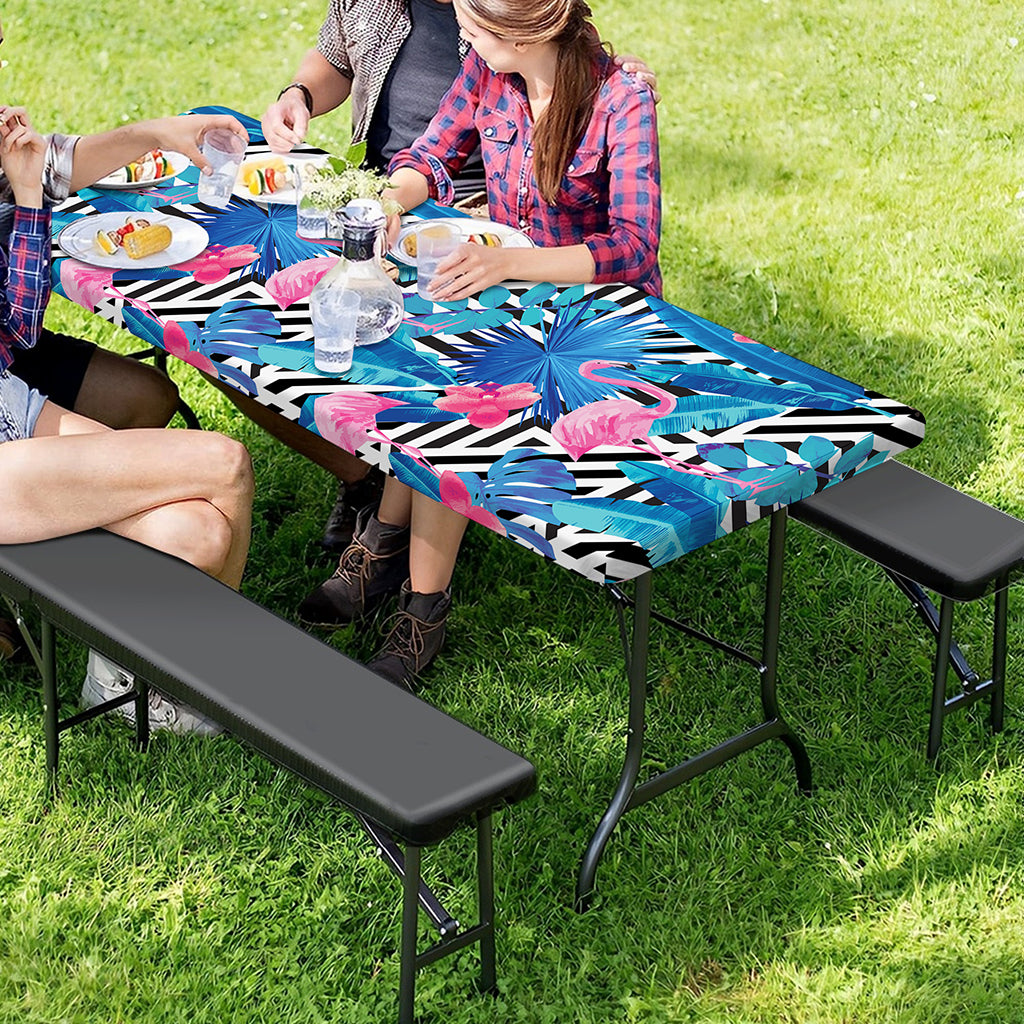 Blue Tropical And Pink Flamingo Print Picnic Table Cover