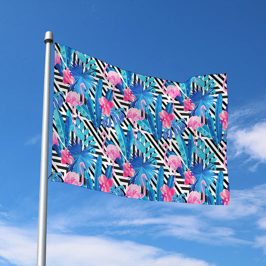 Blue Tropical And Pink Flamingo Print Polyester Flag