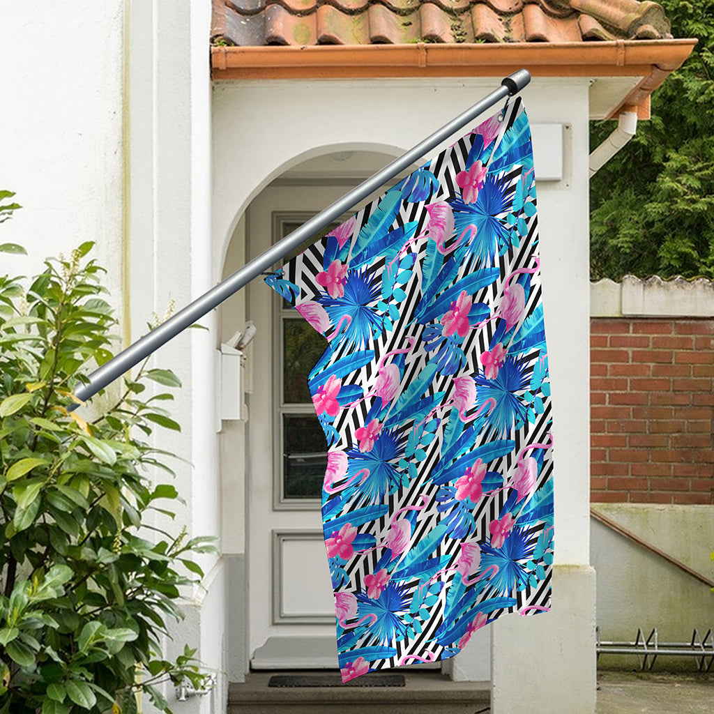 Blue Tropical And Pink Flamingo Print Polyester Flag