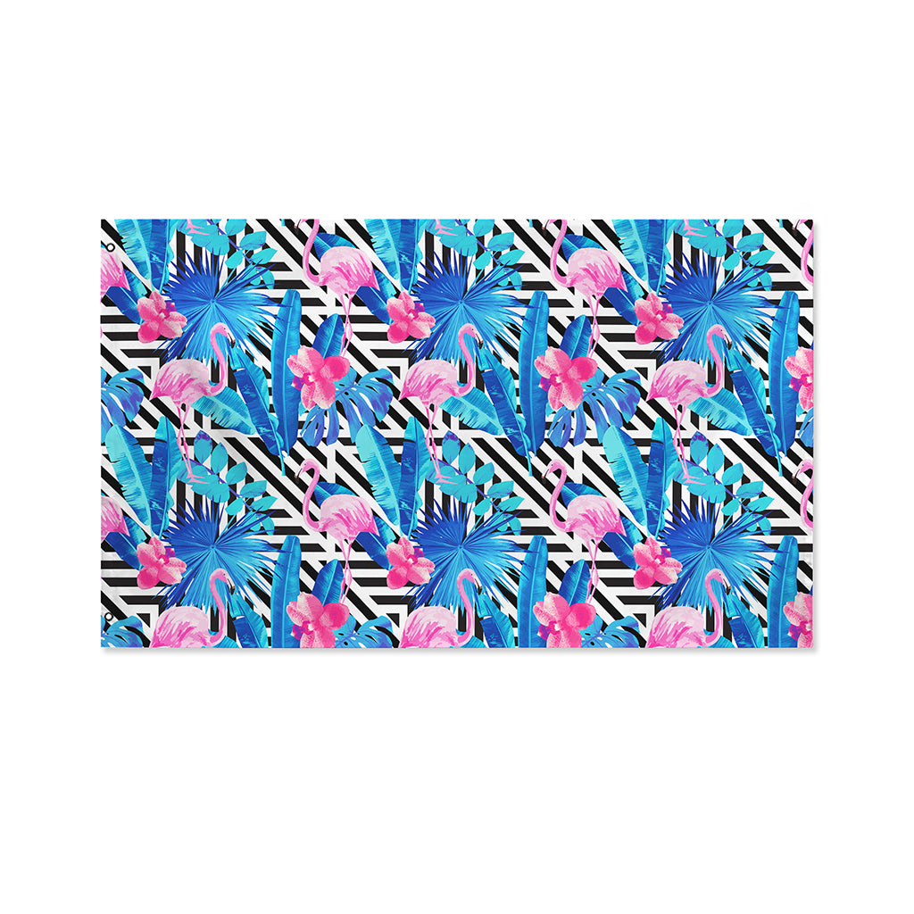 Blue Tropical And Pink Flamingo Print Polyester Flag