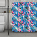 Blue Tropical And Pink Flamingo Print Polyester Shower Curtain