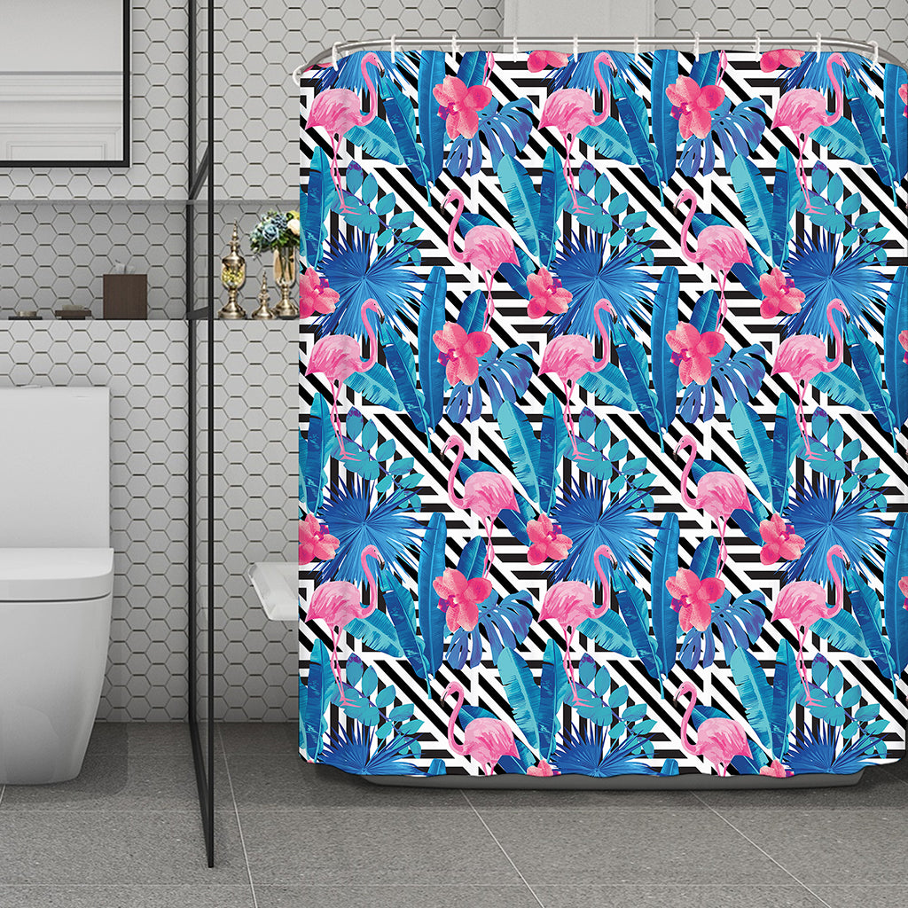 Blue Tropical And Pink Flamingo Print Polyester Shower Curtain
