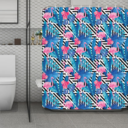 Blue Tropical And Pink Flamingo Print Polyester Shower Curtain