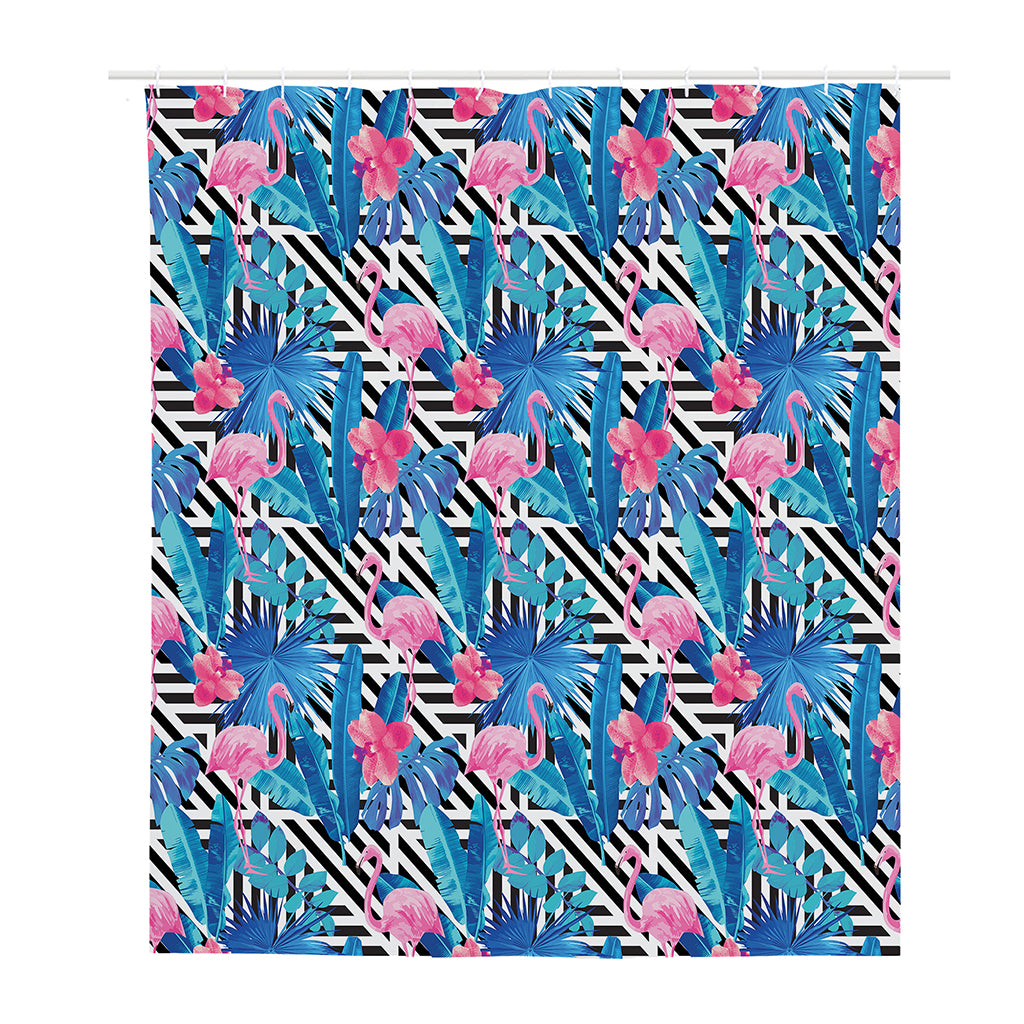 Blue Tropical And Pink Flamingo Print Polyester Shower Curtain