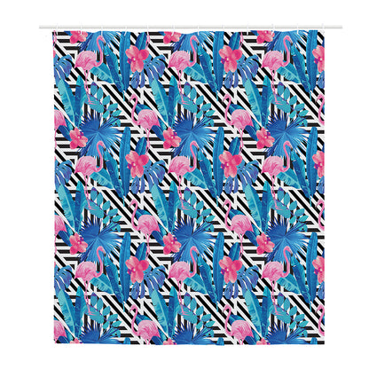 Blue Tropical And Pink Flamingo Print Polyester Shower Curtain