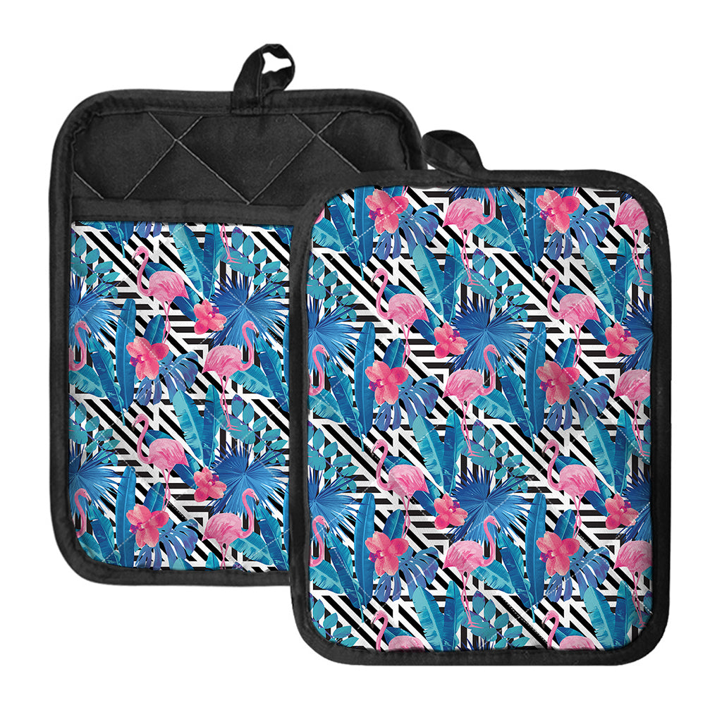 Blue Tropical And Pink Flamingo Print Pot Holders With Pocket