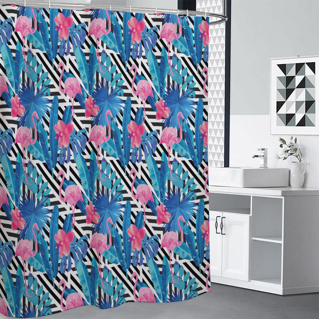 Blue Tropical And Pink Flamingo Print Premium Shower Curtain