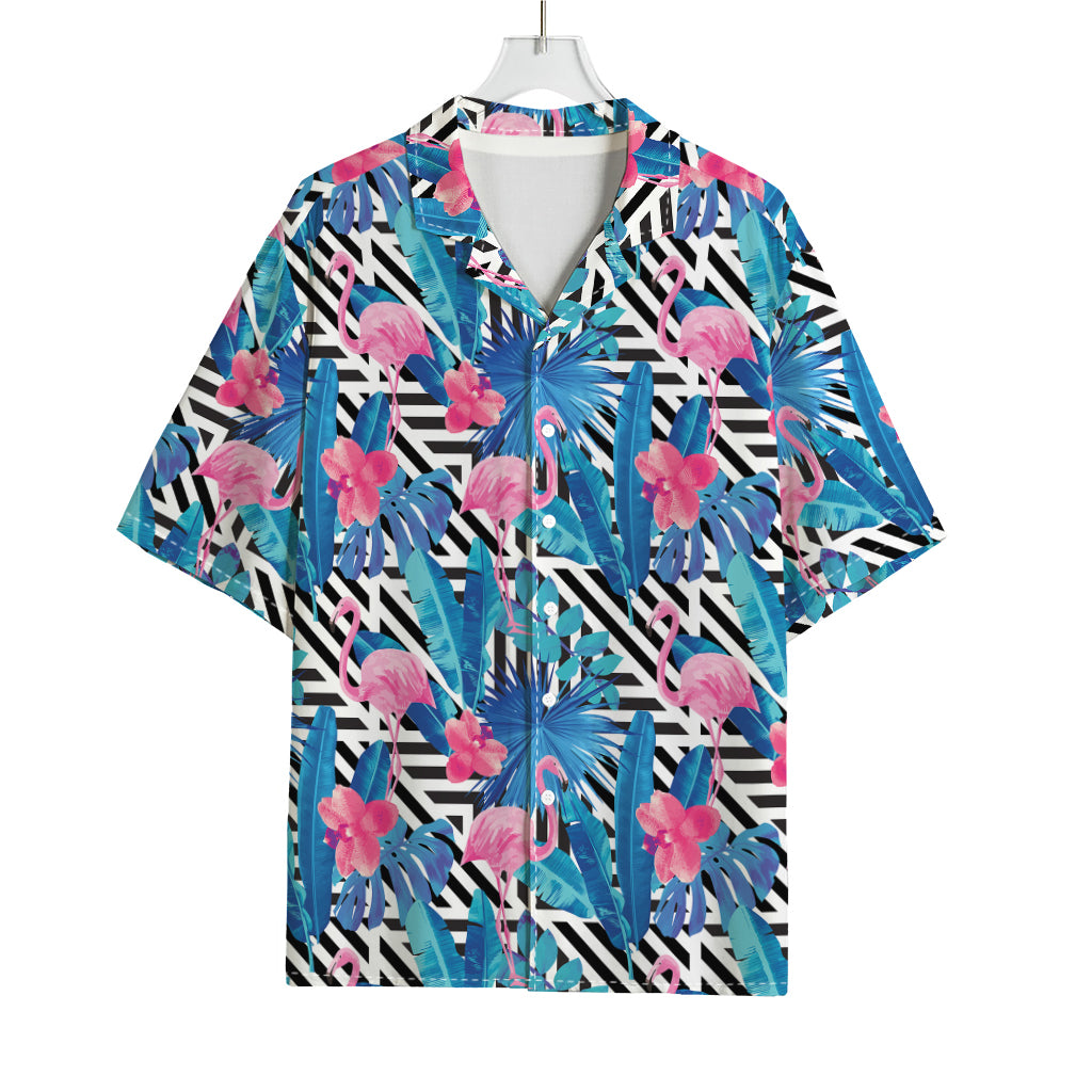 Blue Tropical And Pink Flamingo Print Rayon Hawaiian Shirt