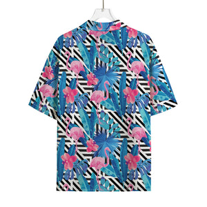 Blue Tropical And Pink Flamingo Print Rayon Hawaiian Shirt