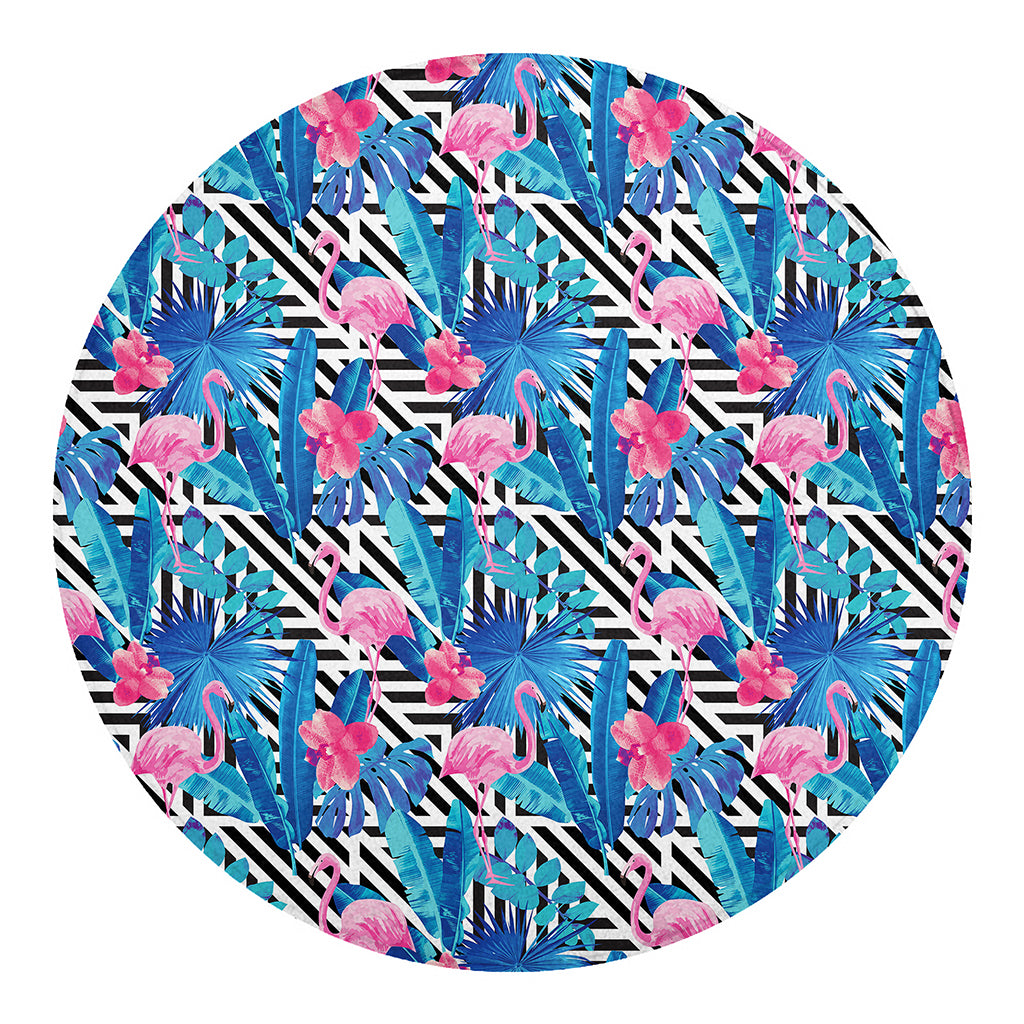 Blue Tropical And Pink Flamingo Print Round Blanket