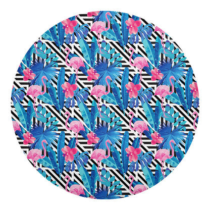 Blue Tropical And Pink Flamingo Print Round Blanket