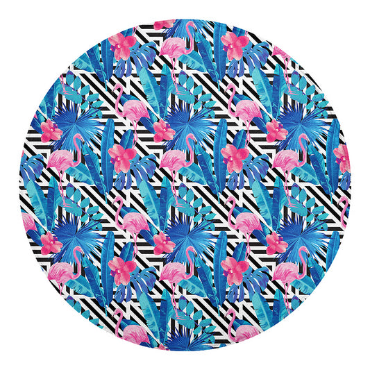 Blue Tropical And Pink Flamingo Print Round Blanket