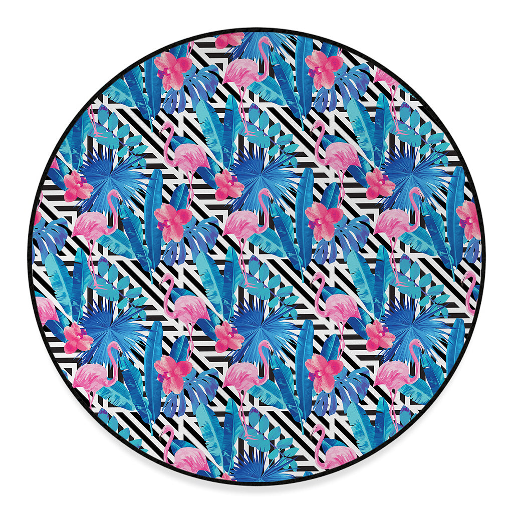 Blue Tropical And Pink Flamingo Print Round Floor Mat