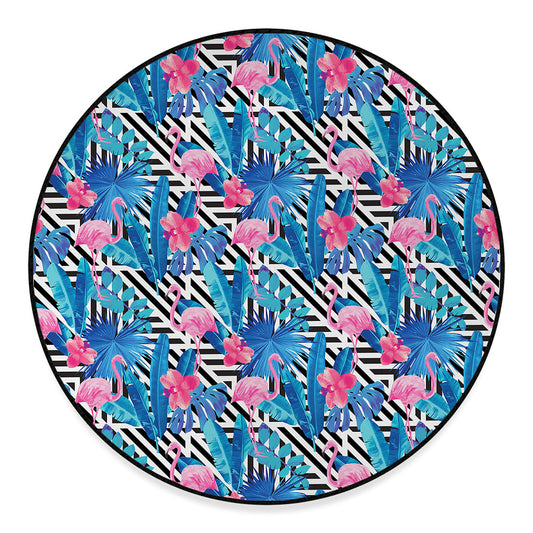 Blue Tropical And Pink Flamingo Print Round Floor Mat