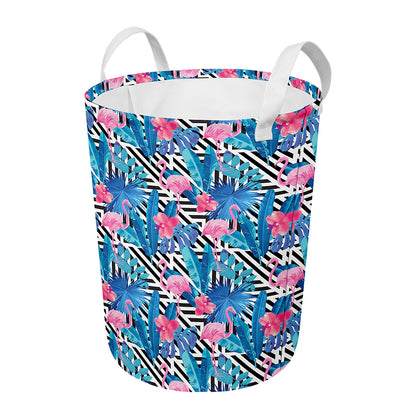 Blue Tropical And Pink Flamingo Print Round Laundry Basket