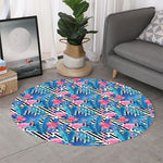 Blue Tropical And Pink Flamingo Print Round Rug