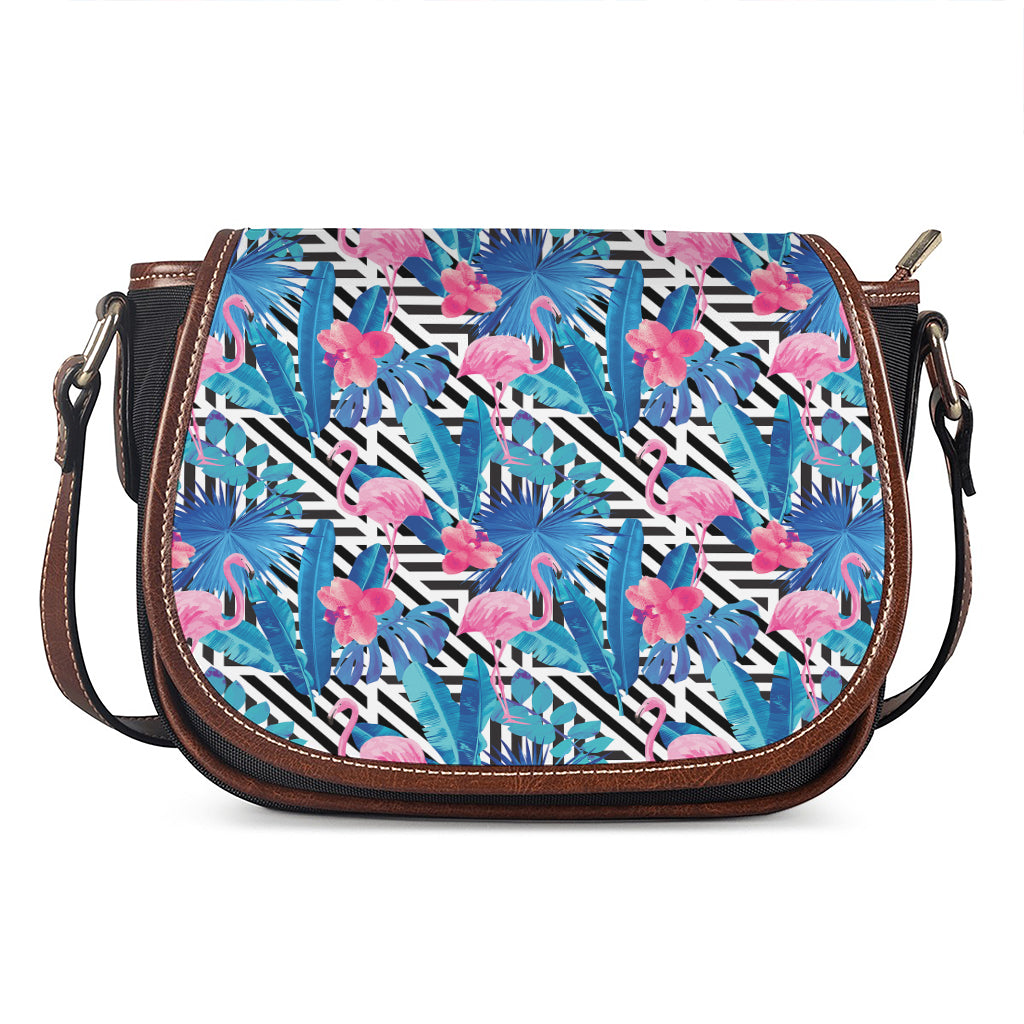 Blue Tropical And Pink Flamingo Print Saddle Bag