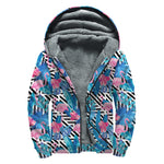 Blue Tropical And Pink Flamingo Print Sherpa Lined Zip Up Hoodie